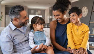 multicultural family with mom, dad, young daughter and son